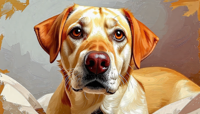 Illustration of a Labrador Retriever with expressive eyes in a stylized artistic background.