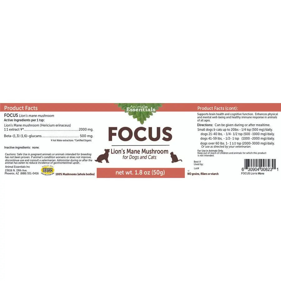 Animal Essentials Focus Lions Mane Cat & Dog Vitamin Supplement 80g Animal Essentials®