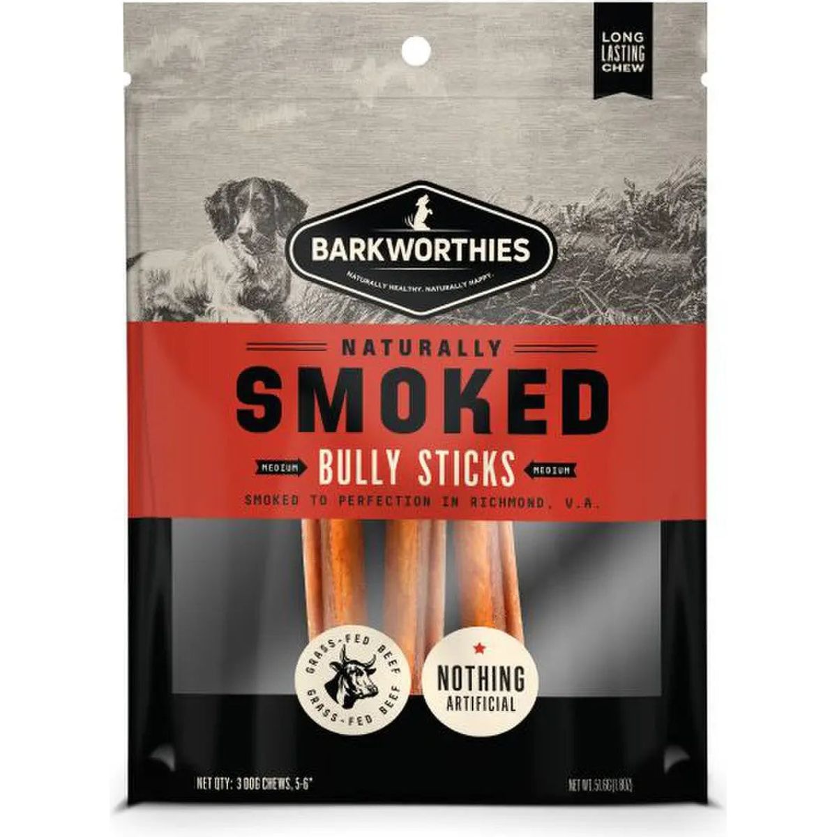 Barkworthies Smoked Bully 6" Dog Treats 3pk Barkworthies