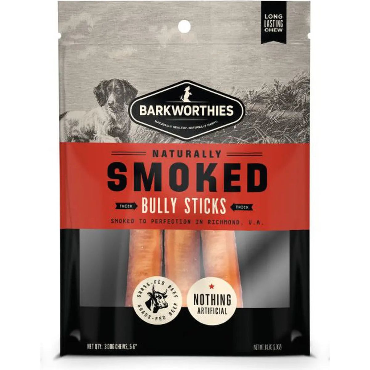 Barkworthies Smoked Bully 6" Dog Treats Thick 3pk Barkworthies