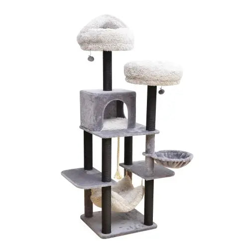 Catry Bradbury 7 Level Gray Cat Tree With Scratching Posts, Condo, Hammock and Two Shag Fur Cushions PetPals Group