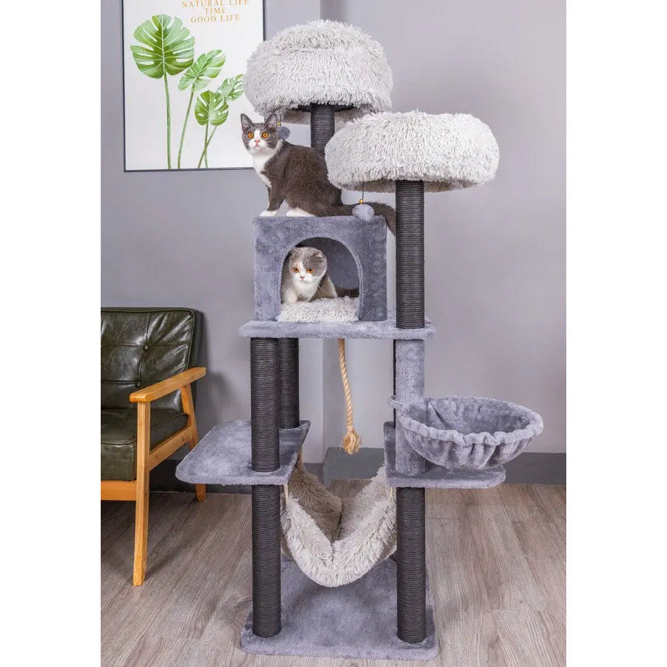 Catry Bradbury 7 Level Gray Cat Tree With Scratching Posts, Condo, Hammock and Two Shag Fur Cushions PetPals Group