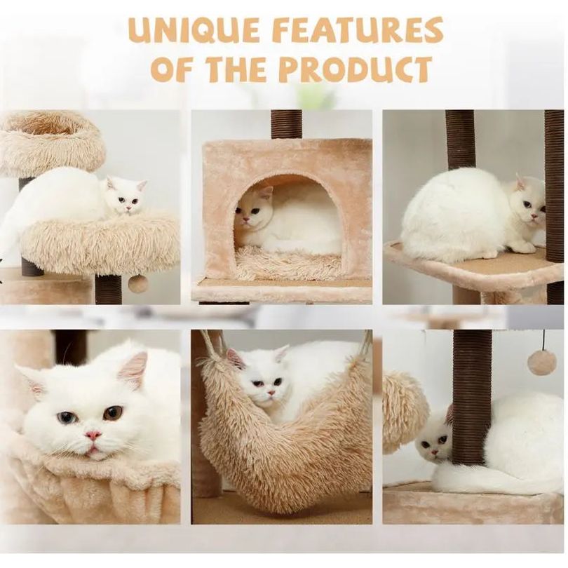 Catry Meerkat Cat Tree 7 level Cream Cat Tower with Paper Rope Posts and Plush Beds PetPals Group