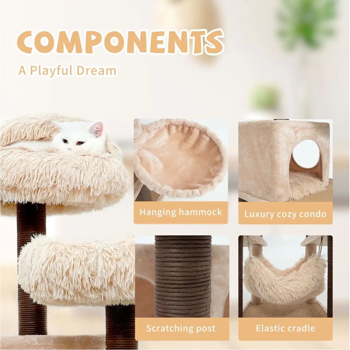 Catry Meerkat Cat Tree 7 level Cream Cat Tower with Paper Rope Posts and Plush Beds PetPals Group