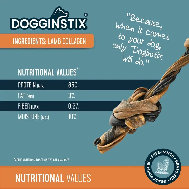 Dogginstix Braided Sticks Lamb Collagen Double Knots Dog Chews Case of 25 Dogginstix