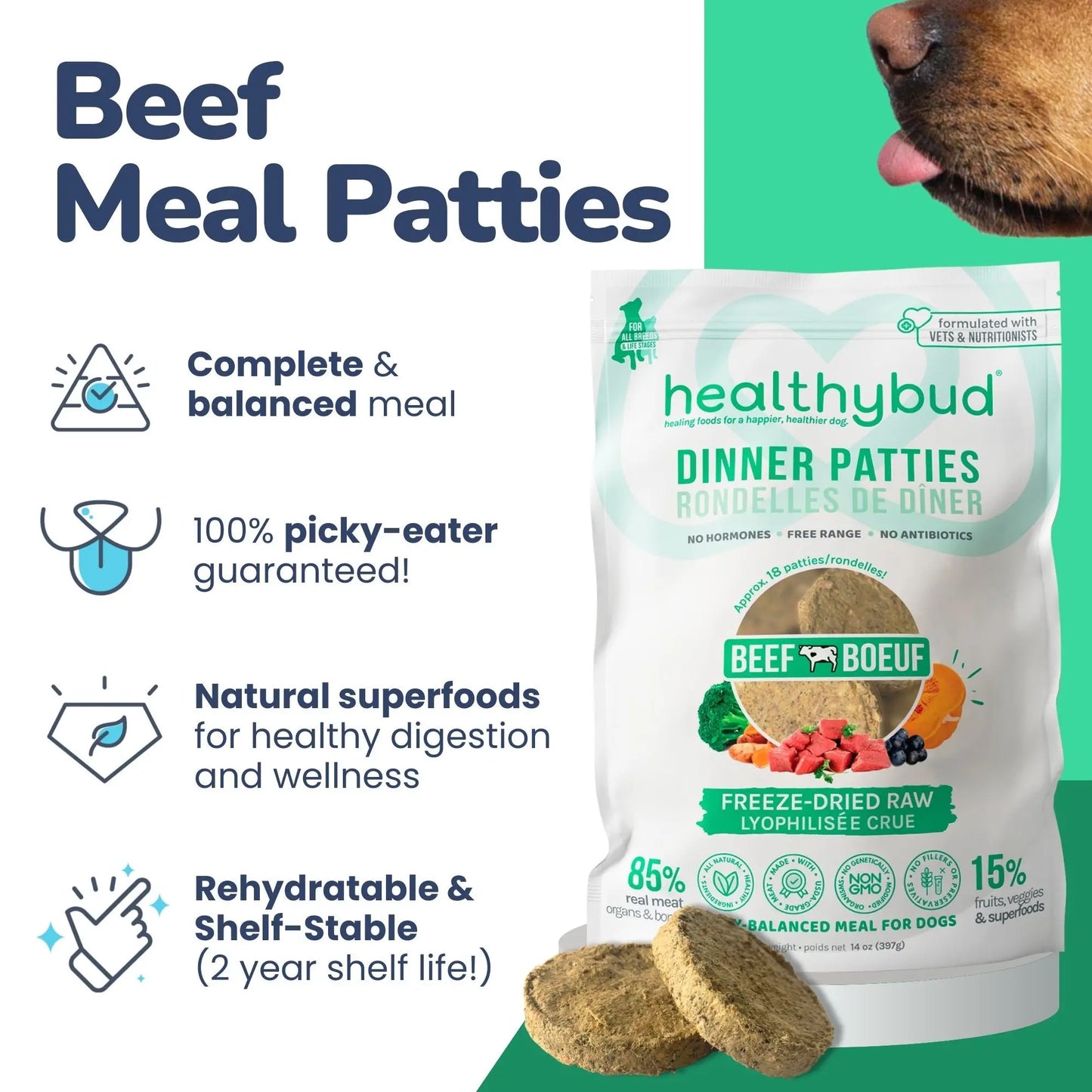 Healthybud Beef Meal Bites Freeze-Dried Dog Food 14 Oz Healthybud