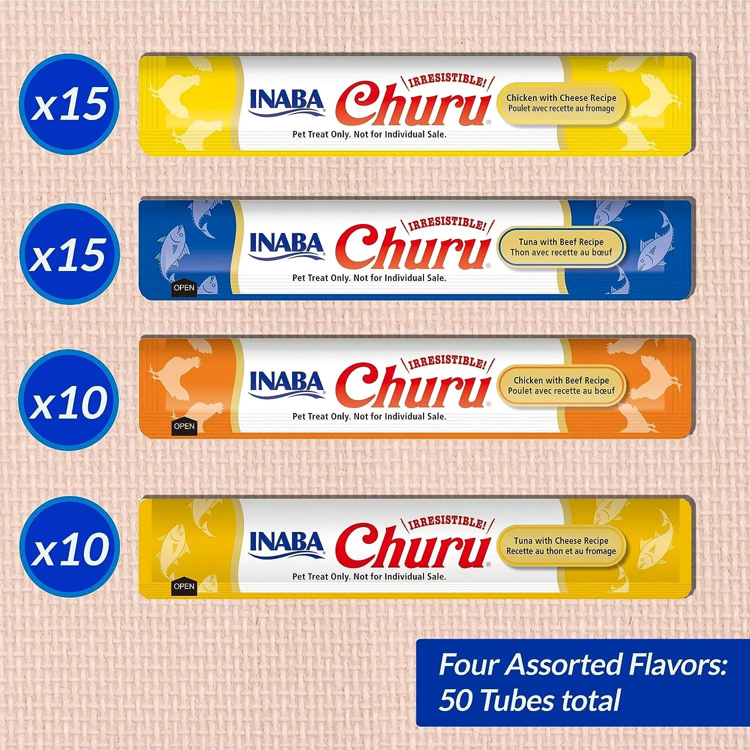 Inaba Churu Beef & Cheese Variety Creamy Puree Lickable Cat Treats 50 Tubes Inaba