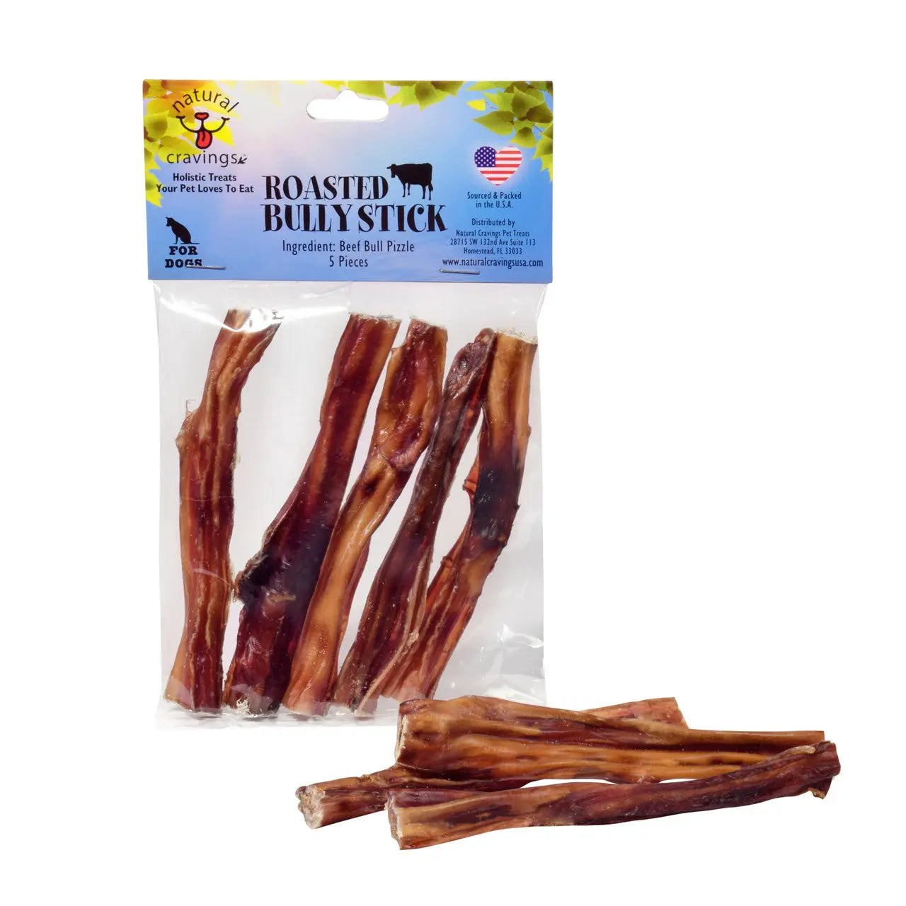 Natural Cravings USA 5" Standard Steer Bully Sticks Dog Chew Treat Each 5 Pack Barking Buddha