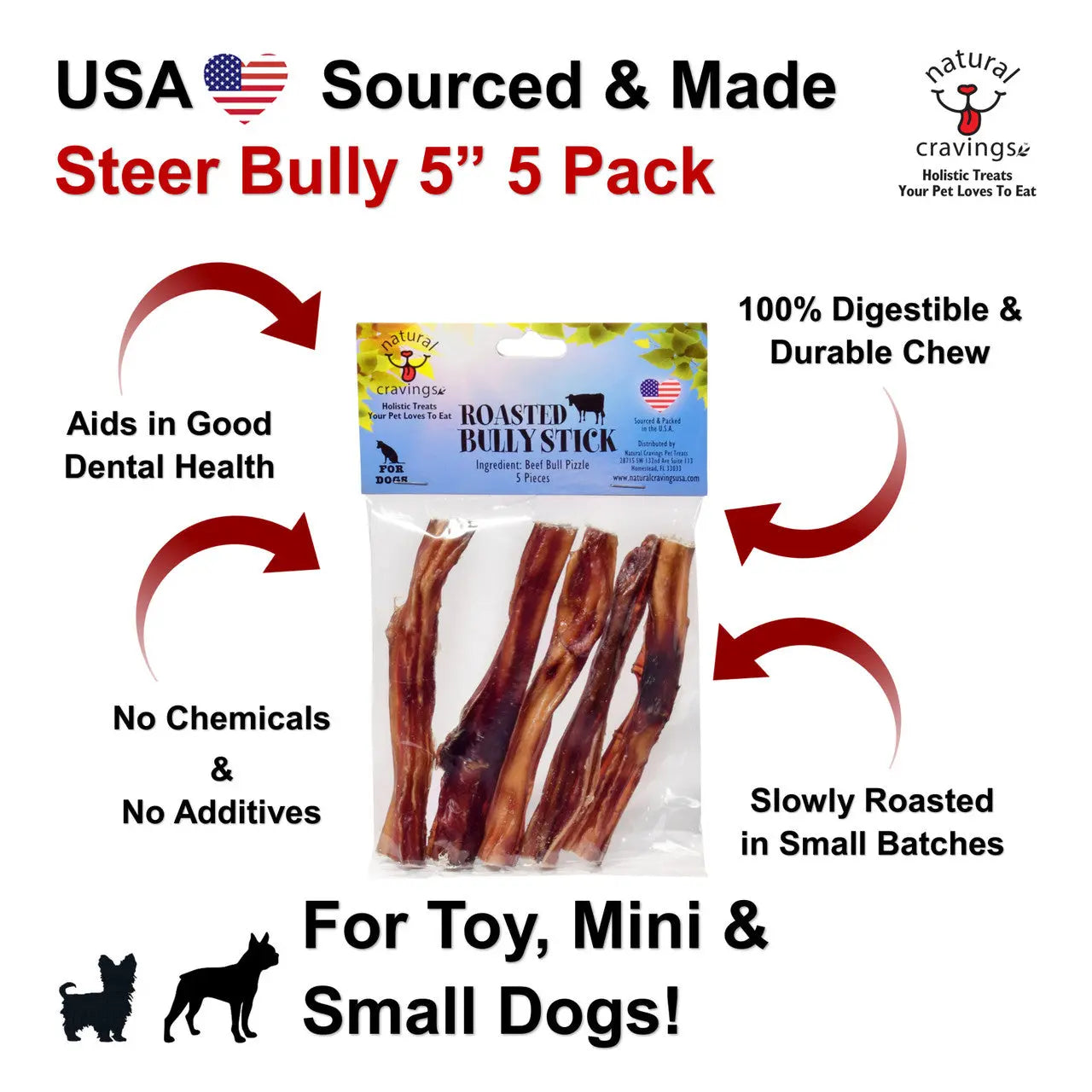 Natural Cravings USA 5" Standard Steer Bully Sticks Dog Chew Treat Each 5 Pack Barking Buddha