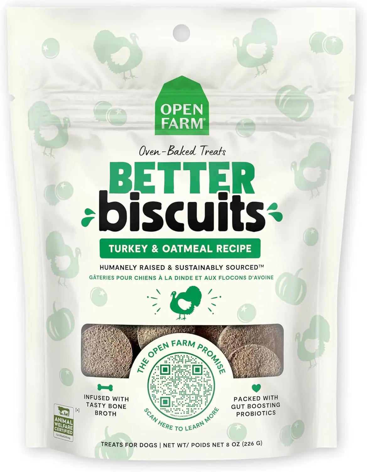 Open Farm Better Biscuits Turkey & Oatmeal Oven Baked Dog Treats with Probiotics 8 oz Open Farm