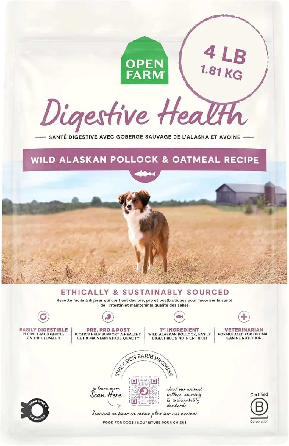 Open Farm Veterinarian Formulated Kibble Pollock & Oatmeal Digestive Health Dog Food Open Farm