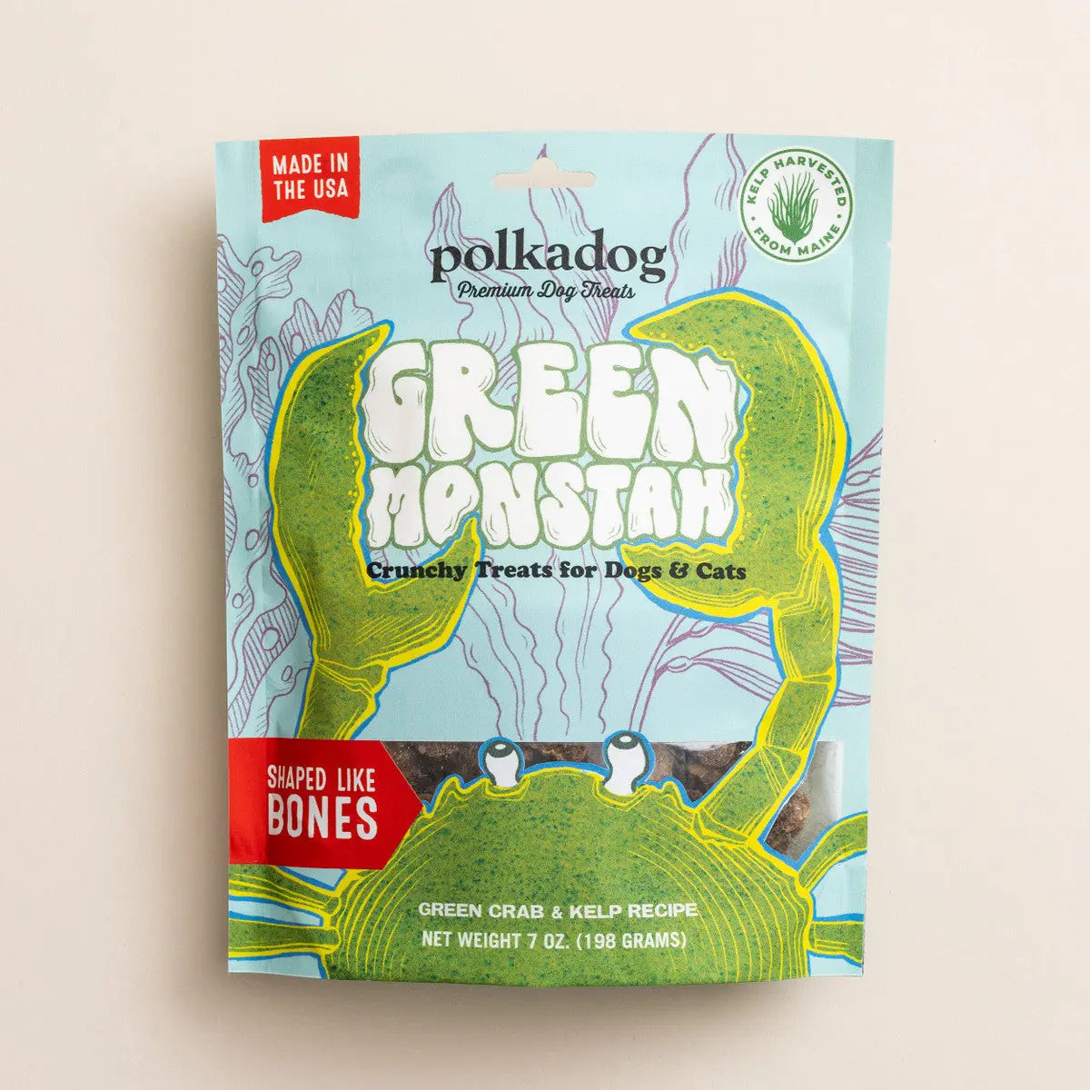 Polkadog Pouch: Green Monstah (Bone Shaped) Dog Treats- 7oz Polka Dog