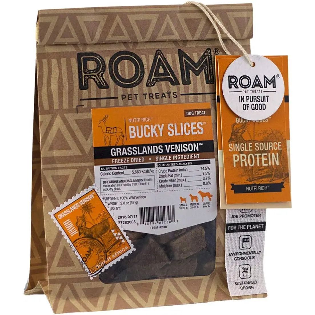 Roam Pet Bucky Slices Venison Novel Protein Freeze Dried Dog Treats 2 oz Roam