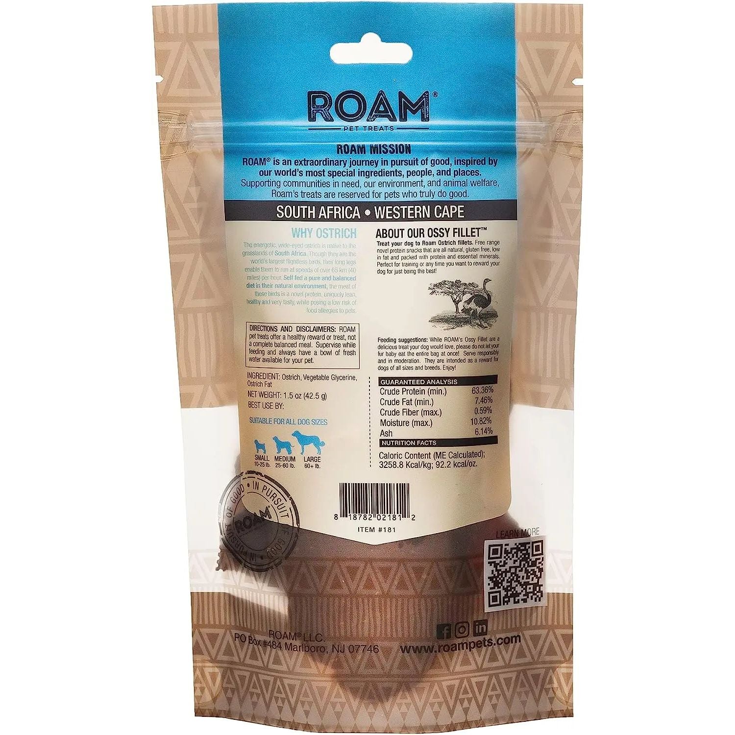 Roam Pet Ostrich Fillet Limited Ingredient Treats for Dogs 1.5oz Roam