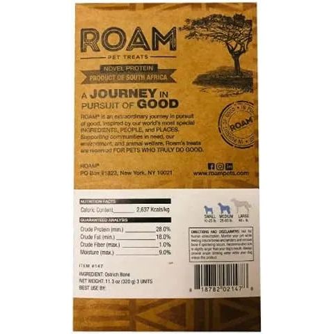 Roam Pet Treats Long Lasting Ostrich Gone Wild Dog Bone Treat 2pk Roam