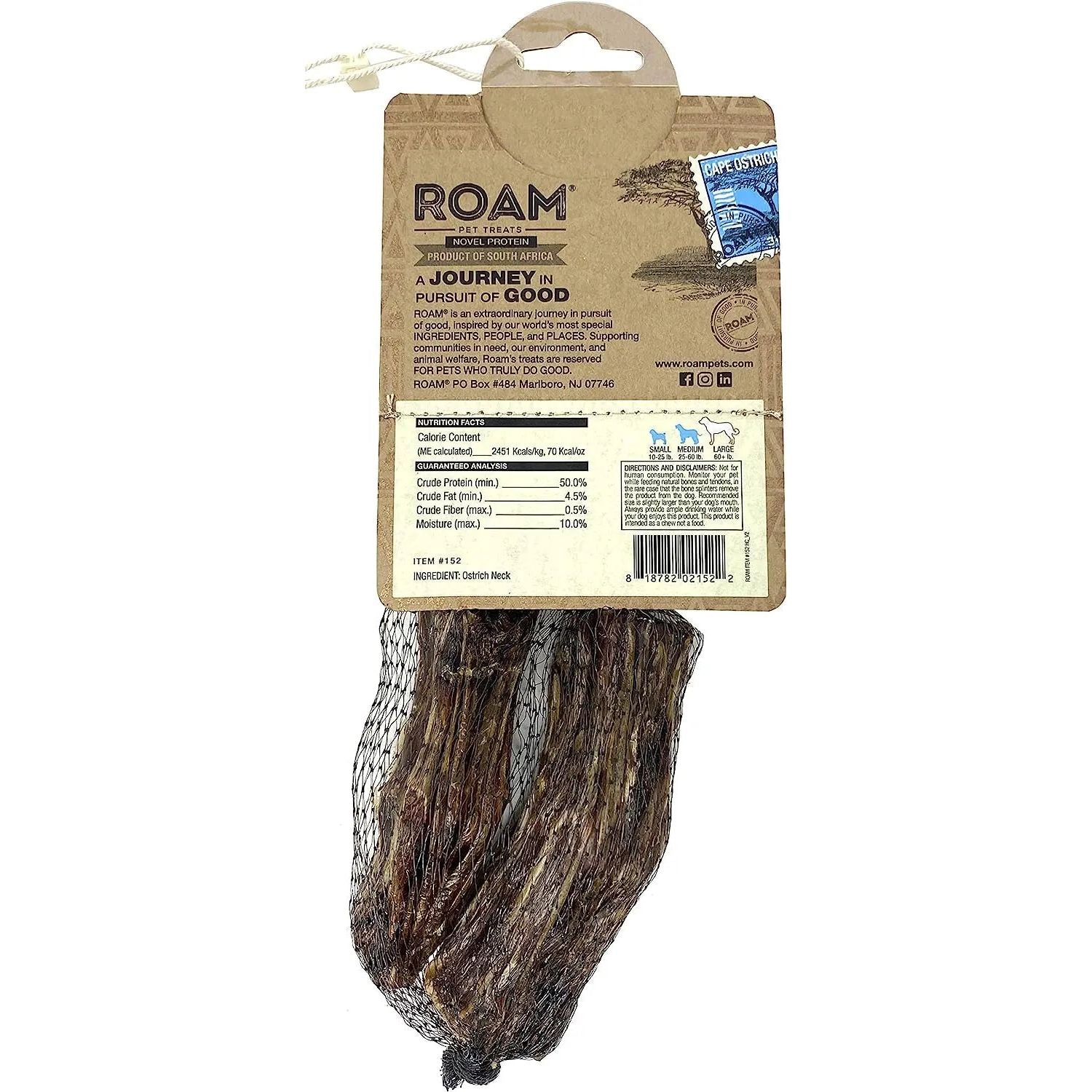 Roam Pet Treats Ossy Cuts Ostrich Neck Dog Chew for Small to Medium Dogs Roam