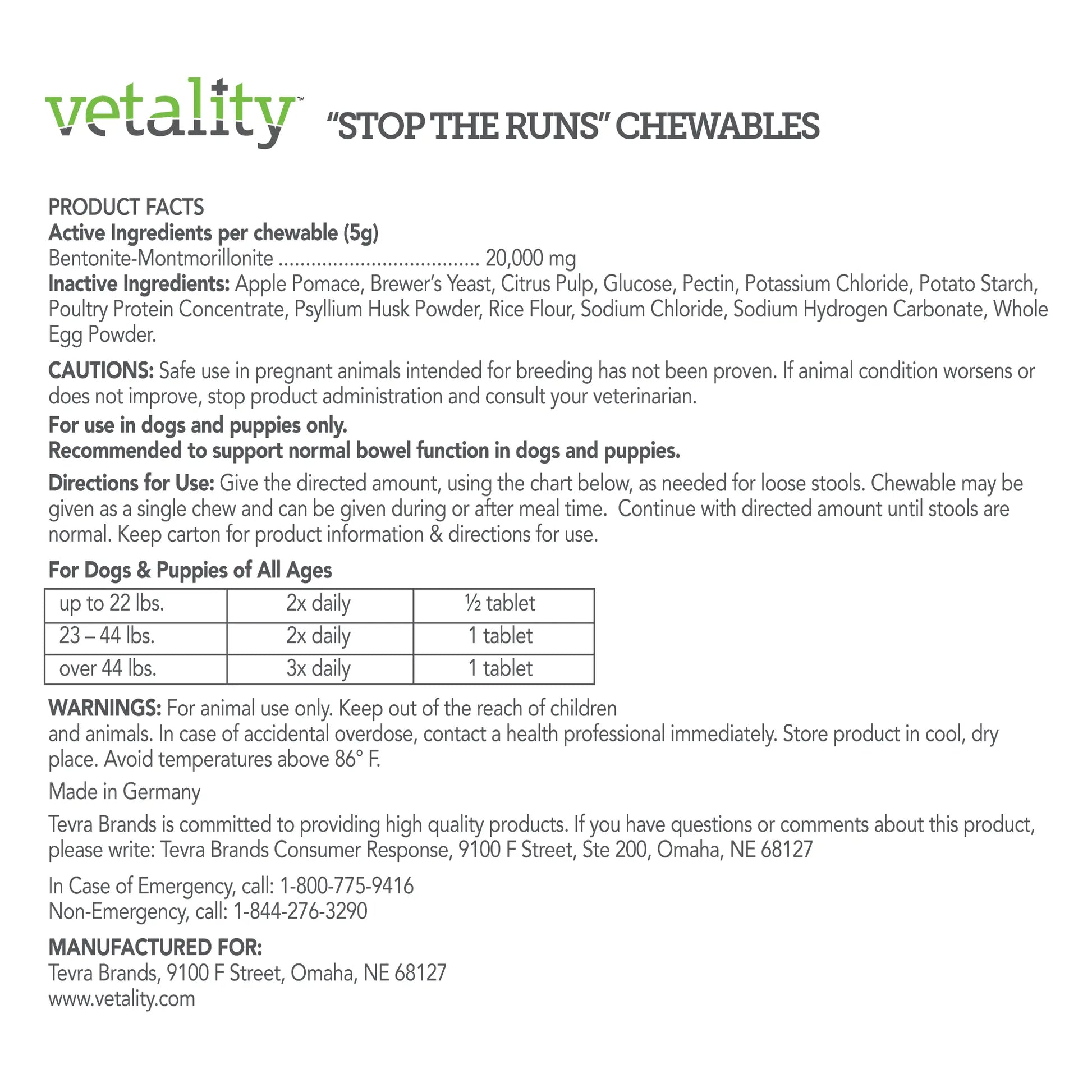 Vetality ‘Stop the Runs’ Anti-Diarrhea Chewable for Dogs 6 ct Vetality