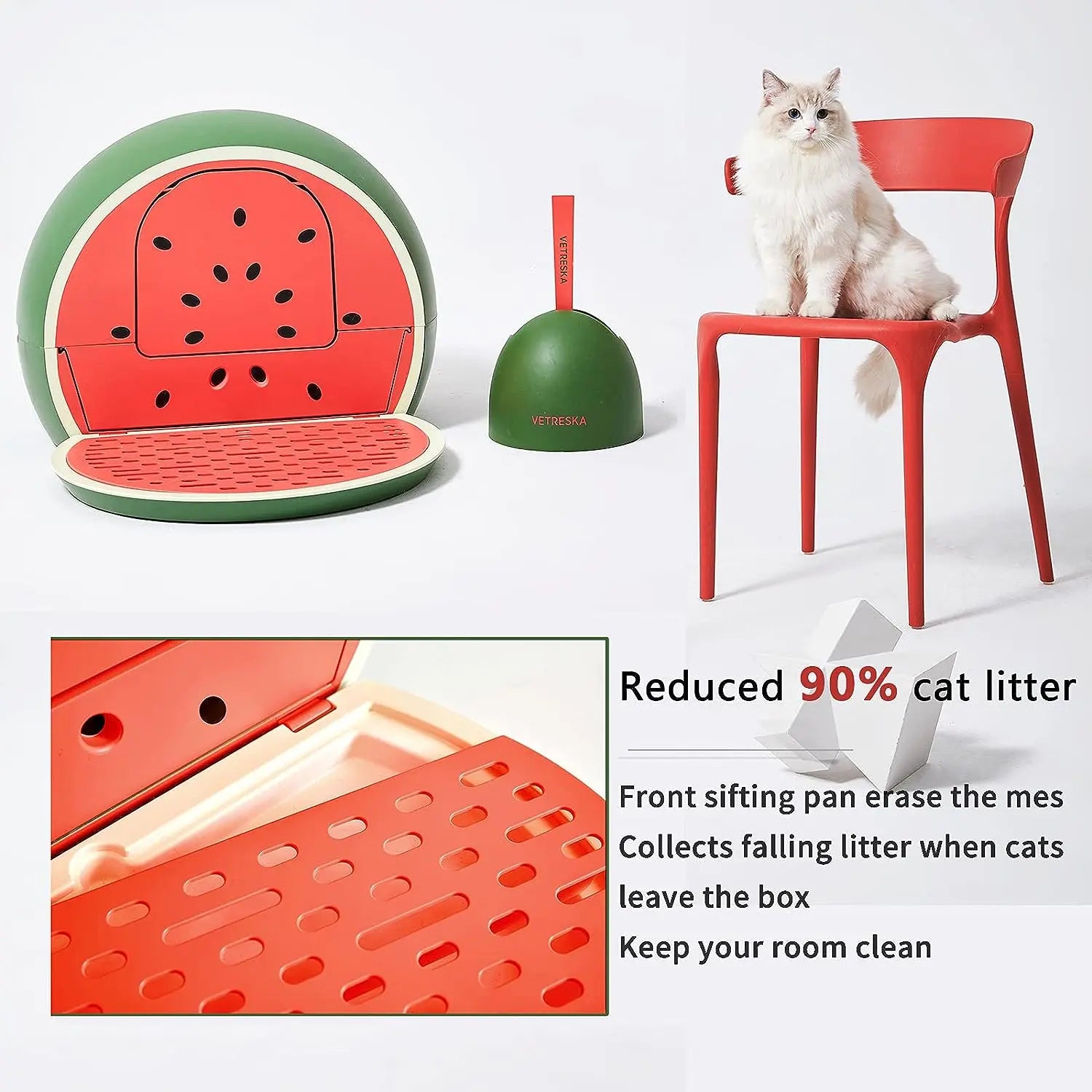 Vetreska Watermelon Odor Control Kitty Litter Box with Lid and Scoop VETRESKA