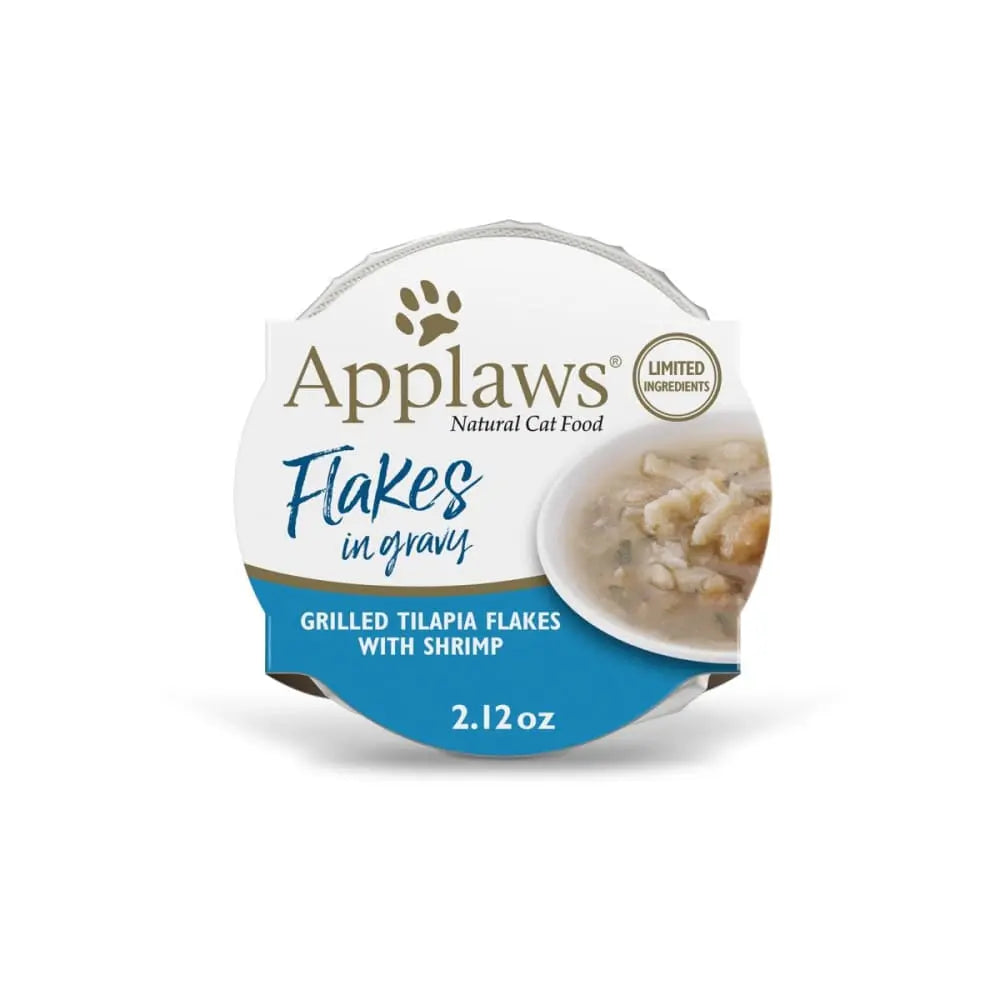 Applaws Natural Wet Cat Food Tilapia Flakes with Shrimp in Gravy 2.12oz Pot 18/cs Applaws