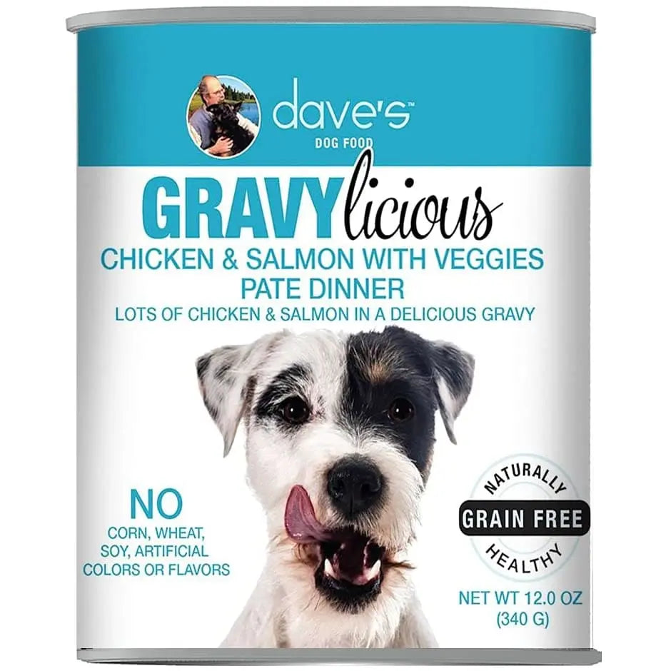 Dave's Pet Food Grain Free Gravylicious Chicken & Salmon Veggies Pate Dinner. Lots of Chicken & Dave's Pet Food