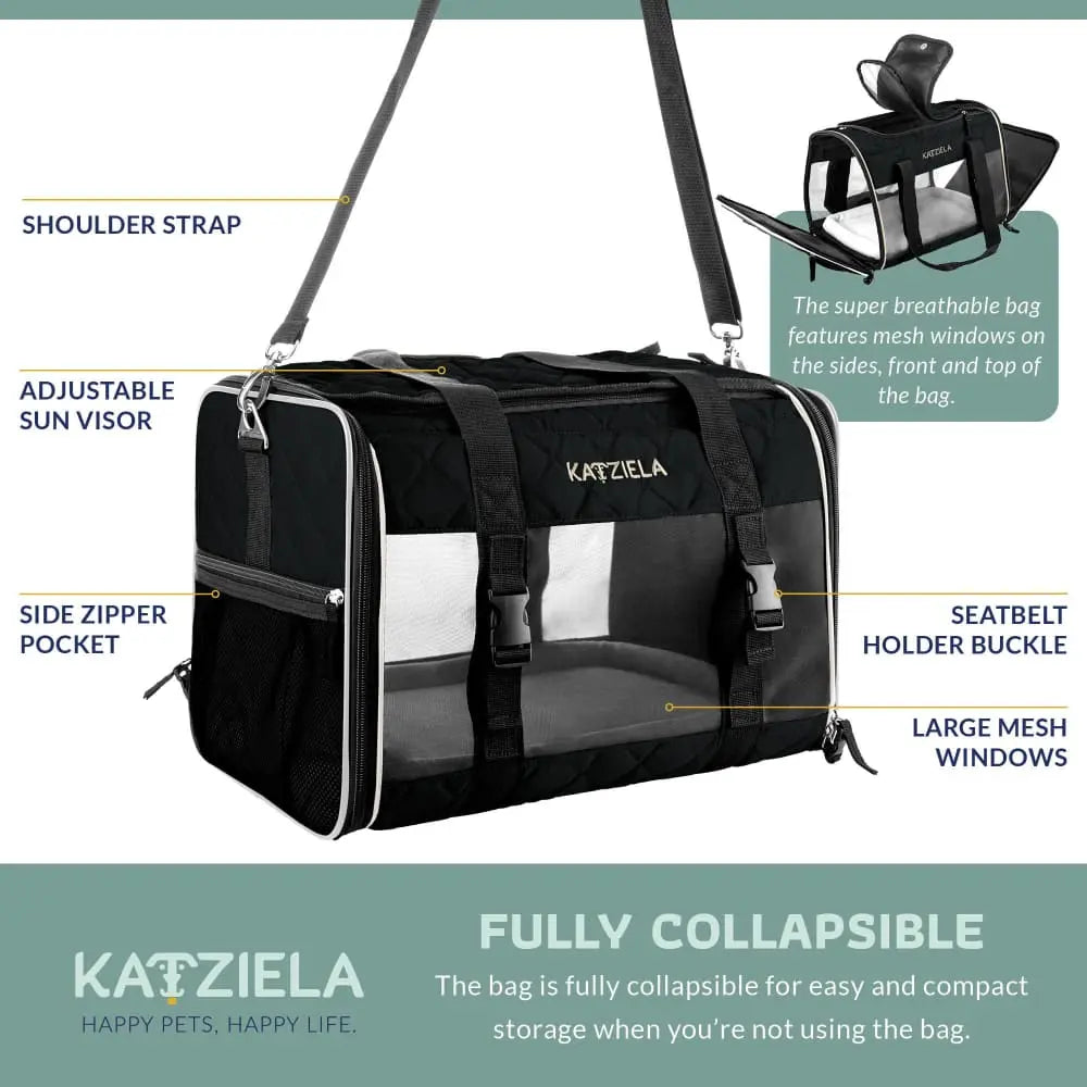 Katziela Deluxe Quilted Airline Approved Pet Dog & Cat Carrier for Airplane Travel Katziela