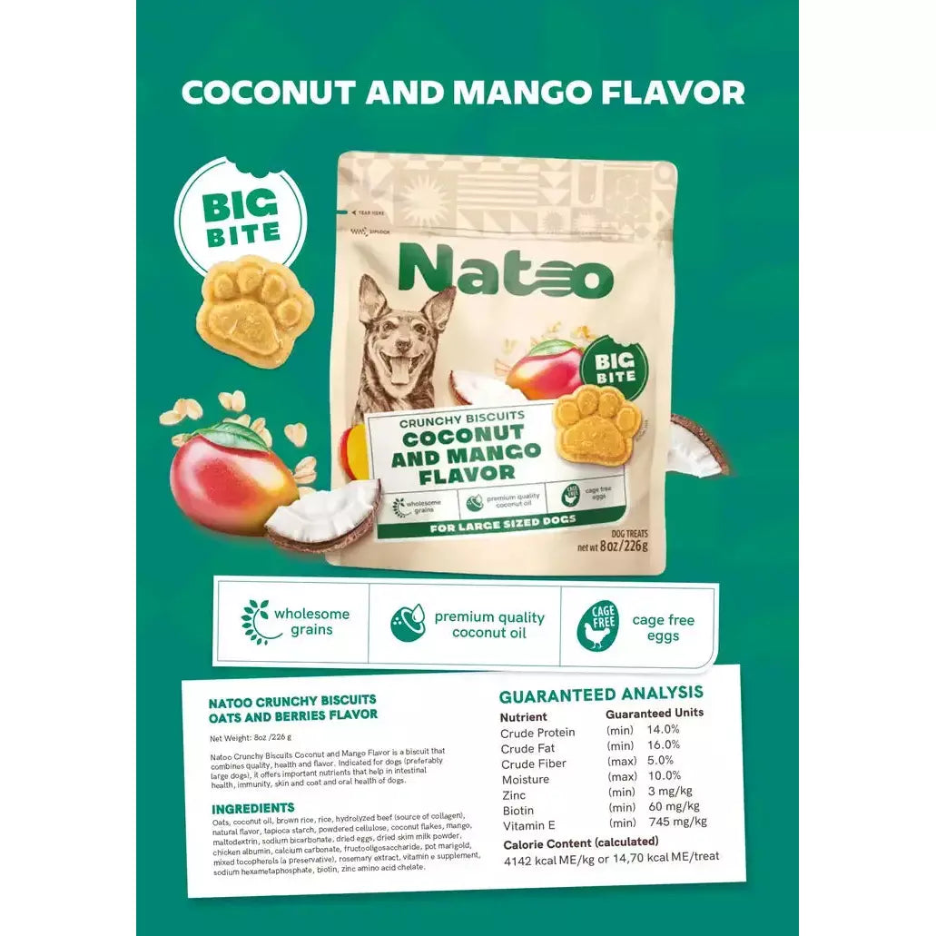 Natoo Biscuits Coconut and Mango Flavor BIG BITES Dog Recipe 8-oz Natoo