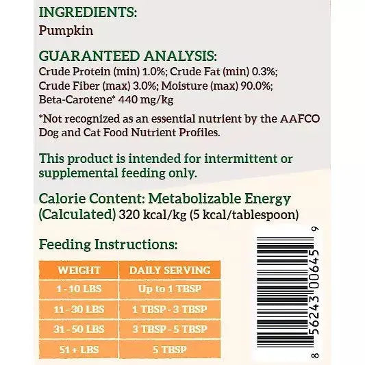 Nature's Logic Pumpkin Purée Dog & Cat Food Supplemen 15oz Case of 12 Nature's Logic