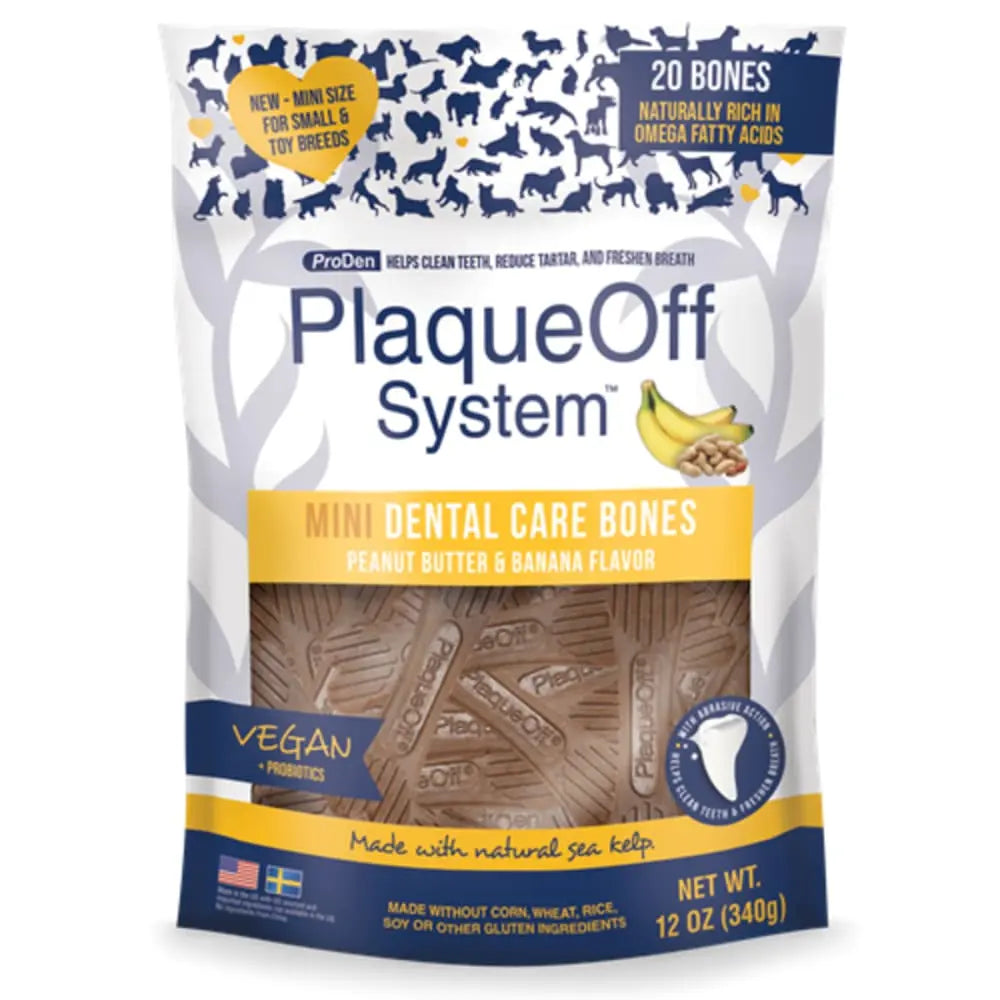 PlaqueOff MINI Dental Care Bones Peanut Butter & Banana Dog Chews PlaqueOff