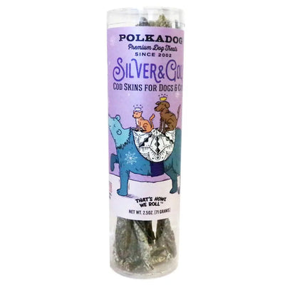 Polka Dog Holiday Tube Silver Gold Cod Skin Cat Dog Treats 2.5oz Polka Dog