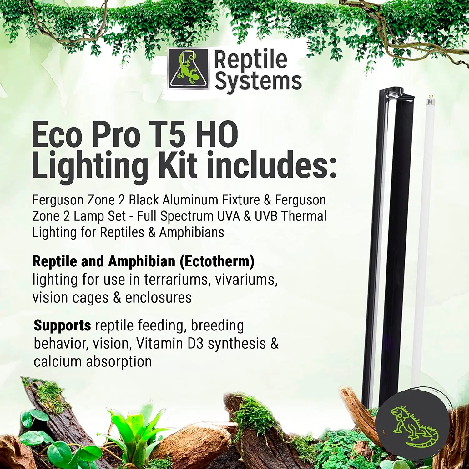 Reptile Systems Full Spectrum UVA & UVB Amphibian & Reptile Lighting T5 Light Fixture Zone 2 Lamp 6% Reptile Systems