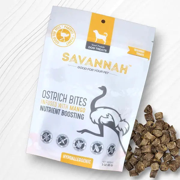 Savannah - Hypoallergenic Ostrich Bites. Dog Treats with Nutritious Mango 3oz Savannah Pet Food