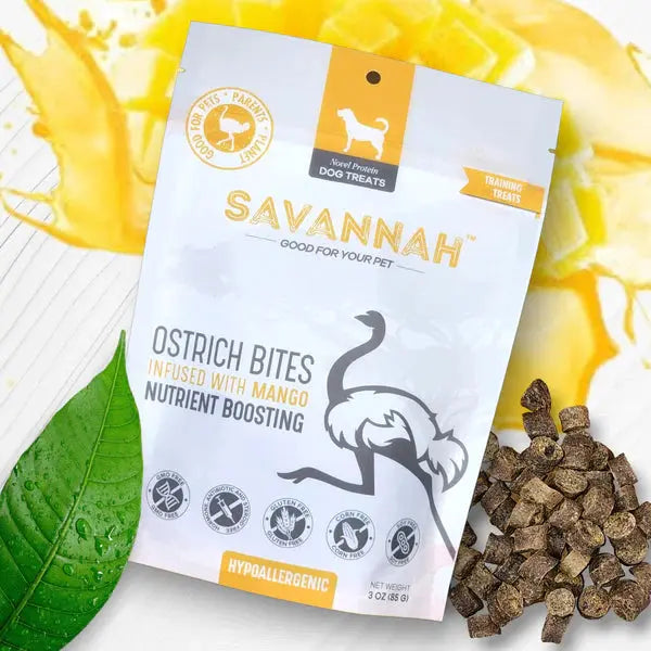 Savannah - Hypoallergenic Ostrich Bites. Dog Treats with Nutritious Mango 3oz Savannah Pet Food