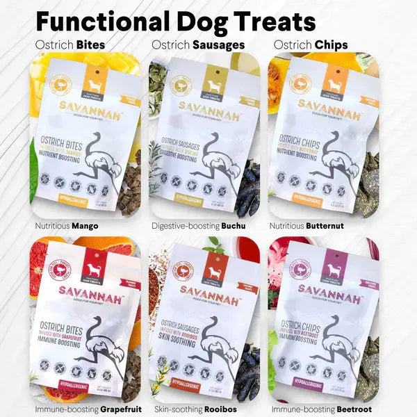 Savannah - Hypoallergenic Ostrich Bites. Dog Treats with Nutritious Mango 3oz Savannah Pet Food