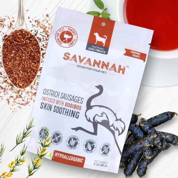 Savannah - Hypoallergenic Ostrich Sausages. Dog Treats with Skin Soothing Rooibos Savannah Pet Food