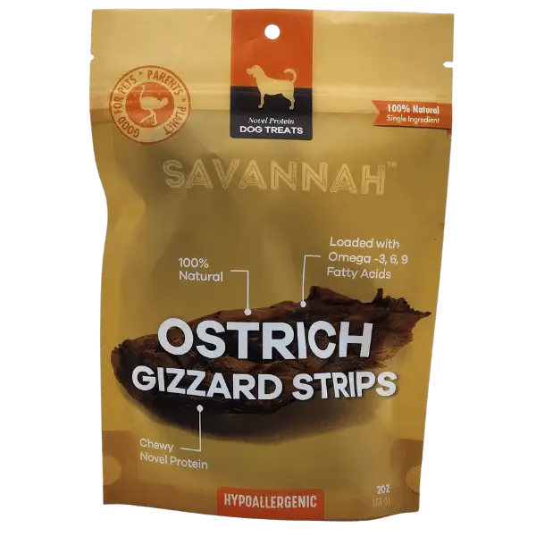 Savannah  Chewy Ostrich Gizzard Strips. Protein & Omega-3 rich, Natural Dog Chew Treat Savannah Pet Food