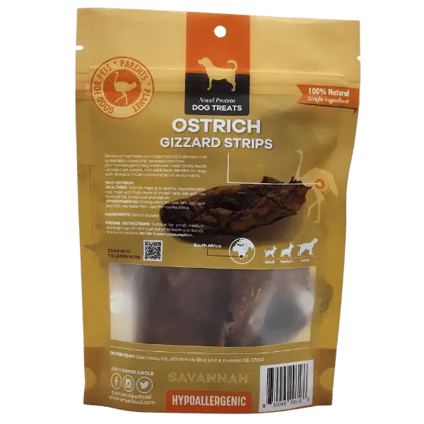 Savannah  Chewy Ostrich Gizzard Strips. Protein & Omega-3 rich, Natural Dog Chew Treat Savannah Pet Food