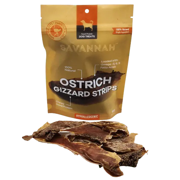 Savannah  Chewy Ostrich Gizzard Strips. Protein & Omega-3 rich, Natural Dog Chew Treat Savannah Pet Food