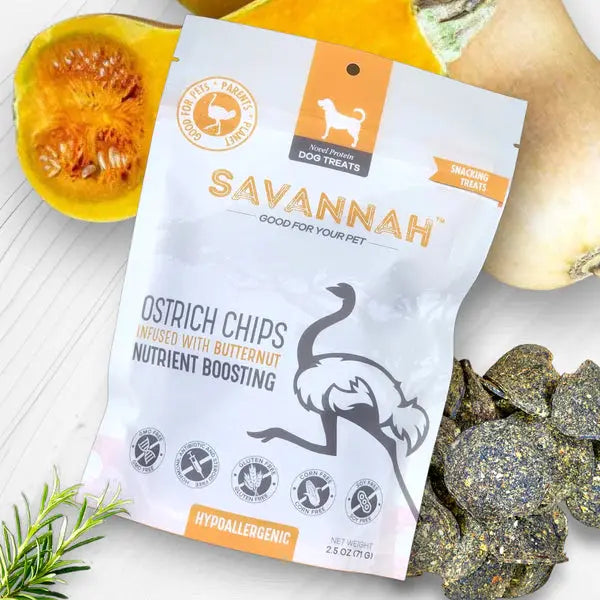 Savannah Hypoallergenic Ostrich Chips. Dog Treats with Nutritious Butternut  2.5oz Savannah Pet Food