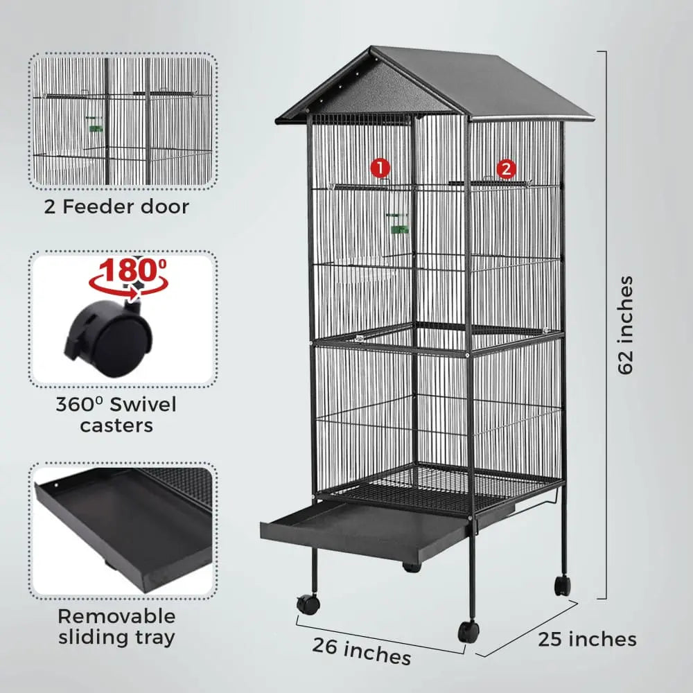 Talis 61 Large Bird Cage with Roof and Lockable Casters Stainless Steel BirdCage for Parrots, Talis Us Bird